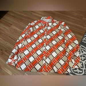 70s Retro Orange Plaid Men's Casual Dress Shirt Size Large